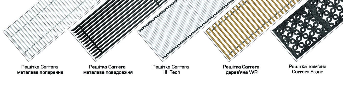 Типи решіток Carrera: металева поперечна і поздовжня, Hi-Tech, деревʼяна WR, Stone